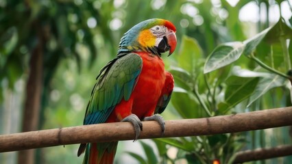Obraz premium Beautiful Green parrot reading a book in a cage