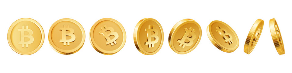 Golden bitcoin rotating coin. Virtual money cryptocurrency different side set realistic vector illustration. Financial assets electronic payment growth of income mining and investment global currency.