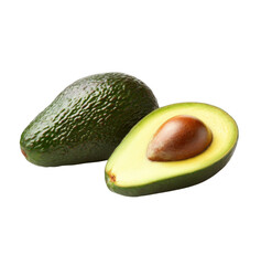 A close-up of a freshly sliced avocado with a whole avocado png, isolated on transparent background