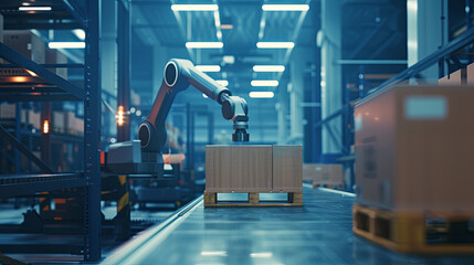 Robotic arm stacking boxes onto pallets in a modern warehouse