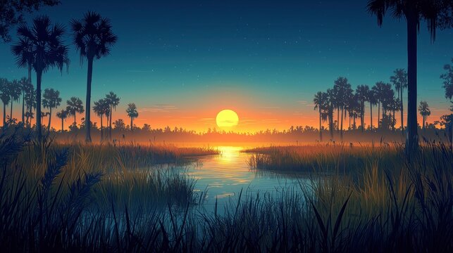 Sunset Over a Marsh Landscape