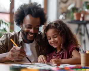 Father and daughter bond creatively at home, enjoying quality time with creative activities