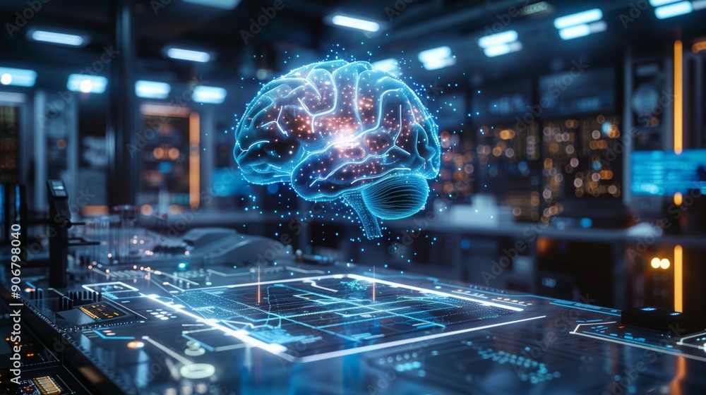 Poster a futuristic laboratory features a holographic brain representation above a digital workspace filled