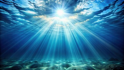 Fototapeta premium Underwater sunlight rays shining through the ocean depths , ocean, underwater, sunlight, rays, shining, sea, marine