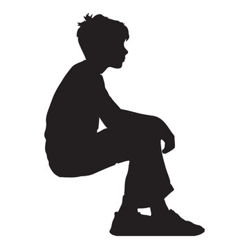 recommend clip art: Side profile portrait silhouette of a boy sitting silhouette white background
                    