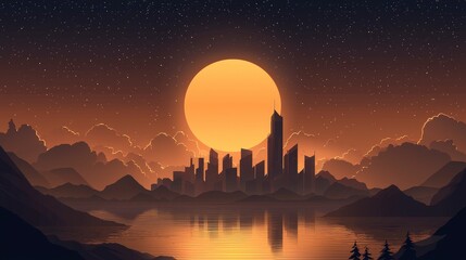 Obraz premium Silhouetted Cityscape at Sunset with a Full Moon
