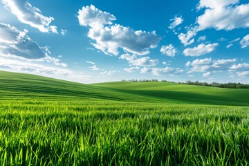 Obraz premium Panoramic spring landscape lush green fields under blue sky on rolling hilltop, nature photography