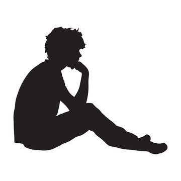 recommend clip art: Side profile portrait silhouette of a boy sitting silhouette white background
                    