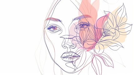 Women face in one line art style with flowers and leaves.Continuous line art in elegant style for prints, tattoos, posters, textile, cards etc. Beautiful woman face Vector illustration