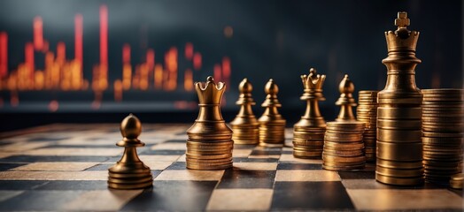 A set of chess pieces, with a king prominently displayed, with stacks of coins and with more chess pieces. A competitive atmosphere symbolizing power, strategy and wealth.
