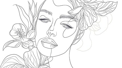 Women face in one line art style with flowers and leaves.Continuous line art in elegant style for prints, tattoos, posters, textile, cards etc. Beautiful woman face Vector illustration