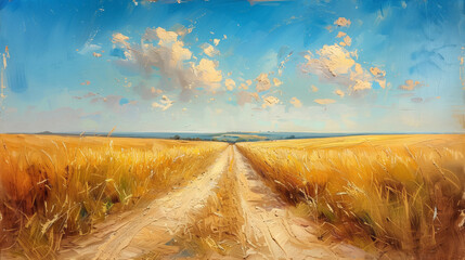 Oil painting, vintage, impasto, washed off colors, sunlit wheat fields stretching to the horizon © Alllas