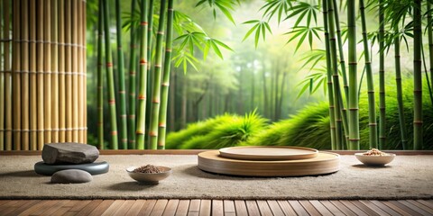 Peaceful Japanese Zen garden with bamboo, meditation space, round wooden platform, and stones, serene and calming nature-inspired interior