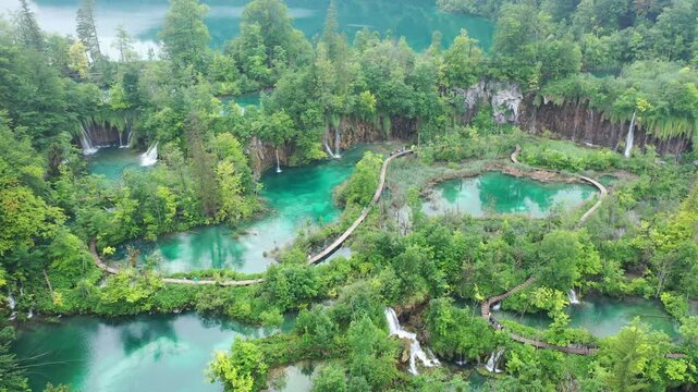 Aerial view of Plitvice Lakes National Park, Croatia: Stunning turquoise waters and lush green forests