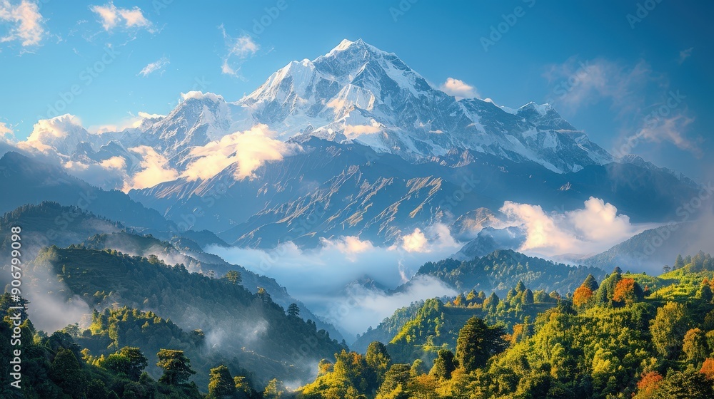 Poster majestic mountain peak surrounded by vibrant autumn foliage