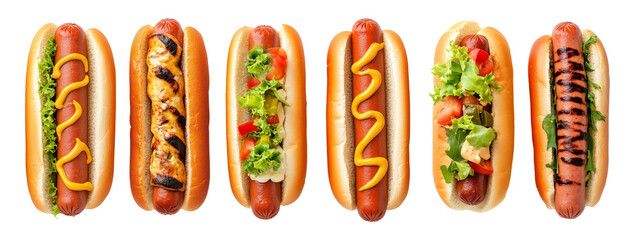directly above view set of six isolated hot dogs.