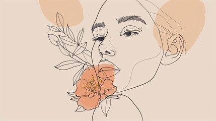 Women face in one line art style with flowers and leaves.Continuous line art in elegant style for prints, tattoos, posters, textile, cards etc. Beautiful woman face Vector illustration