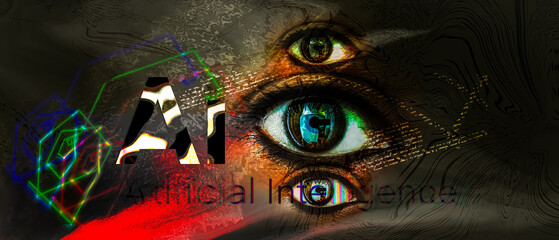 Imaginary AI logo design and Human eye abstract illustration Artwork with vibrant colorful abstract background