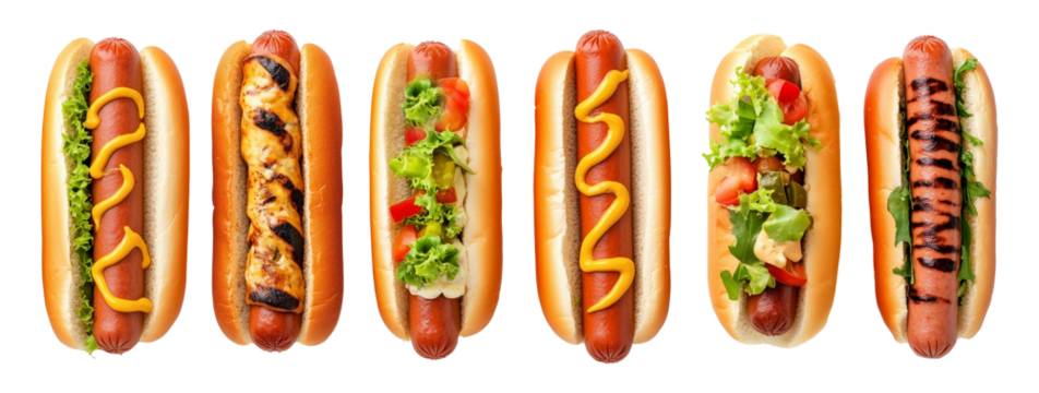 directly above view set of six isolated hot dogs.