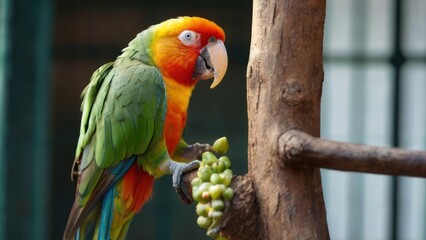 Beautiful Green parrot reading a book in a cage