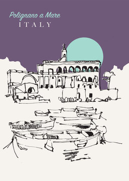 Vector hand drawn sketch illustration of Polignano a Mare in Puglia region of Italy