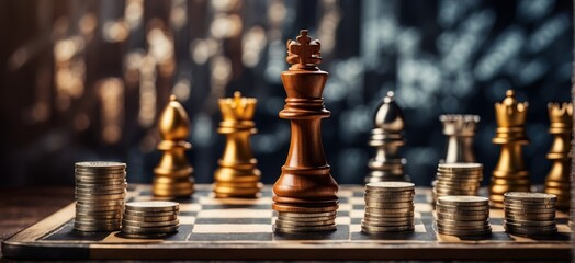 A set of chess pieces, with a king prominently displayed, with stacks of coins and with more chess pieces. A competitive atmosphere symbolizing power, strategy and wealth.