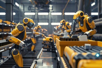 Fototapeta premium Industrial Robots Working on a Conveyor Belt in a Factory