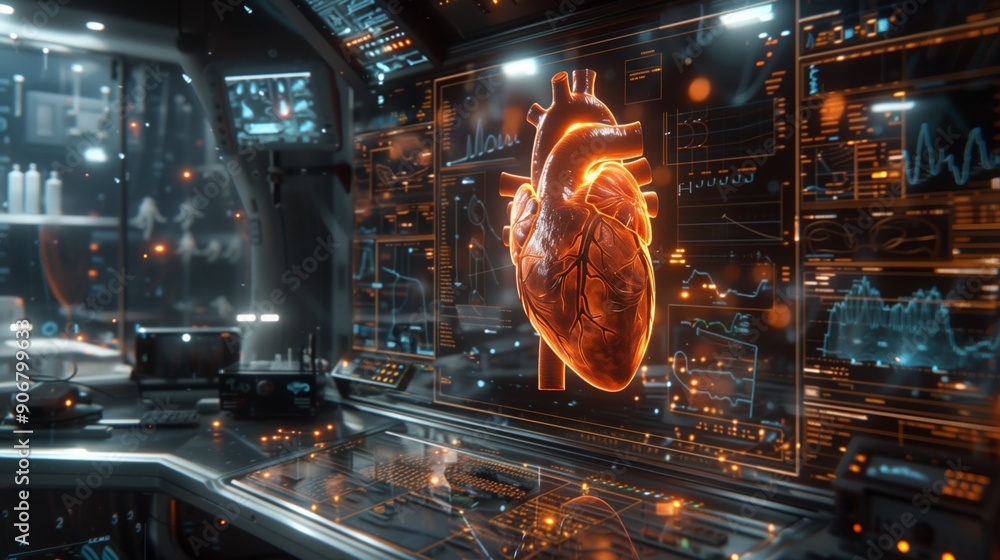 Poster a modern lab showcases innovative technology with a realistic heart display on digital screens while