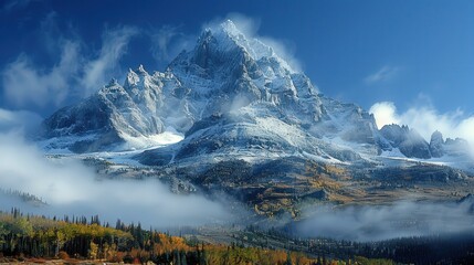 Majestic Snowcapped Mountains Shrouded in Mist and Autumn Foliage