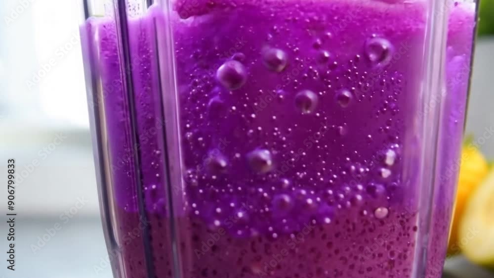 Poster a glass of blended fruit juice with a strawberry and apple slice on top. the juice is a deep red col