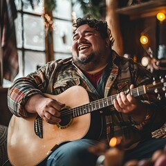 Obraz premium Overweight Musician Immersed in Melody in Cozy Room Setting