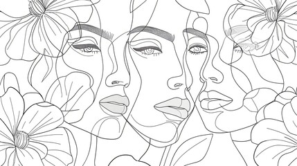 Women' faces in one line art style with flowers and leaves.Continuous line art in elegant style for prints, tattoos, posters, textile, cards etc. Beautiful woman face Vector illustration 