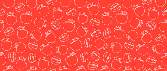 Seamless background with apples. Contour drawings of apples on a bright background. Linear drawing of fruits. Endless background