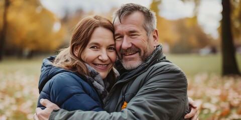 Fototapeta premium A man and woman are hugging in the fall. The man is wearing a green jacket and the woman is wearing a blue jacket. They both have smiles on their faces