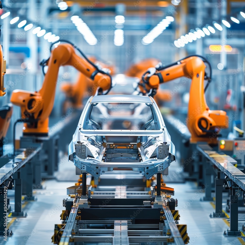 Aufkleber automated car assembly line with robotic arms and unpainted vehicle frame in focus