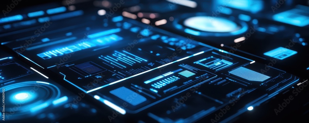 Poster futuristic digital interface with holographic elements, featuring advanced technology and data visua