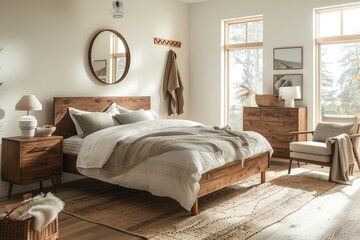 Minimalist bedroom with wooden bed frame, white and grey bedding, brown accents, a rug, mirror above the nightstand, dressers, lamps on side tables, armchair with basket, artwork on the wall, hangers 
