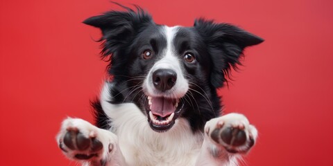 A black and white dog with its mouth open and its paws in the air. The dog is smiling and he is happy