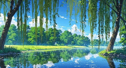 quiet riverbank with weeping willows background panoramic wide angle view anime cartoon