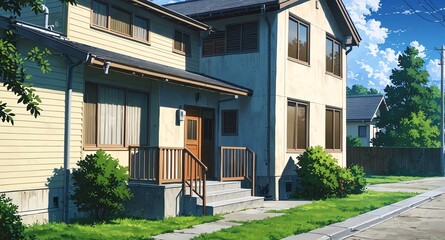 quiet suburban house exterior background panoramic wide angle view anime cartoon