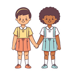 Two children holding hands smiling, friendship concept, diverse, happy kids, cartoon style. Boy girl friends, casual clothing, standing together, isolated white background, bright colors. Schoolage