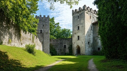 Medieval stone castle with green landscape, tall trees, and blue sky. Historic architecture and ancient fortification in a scenic setting.