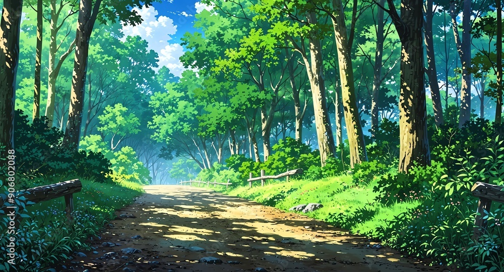 Canvas Prints serene forest path with birdsong background panoramic wide angle view anime cartoon