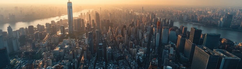 A stunning aerial view of a city skyline at sunset, showcasing skyscrapers, rivers, and a vibrant cityscape bathed in warm light.
