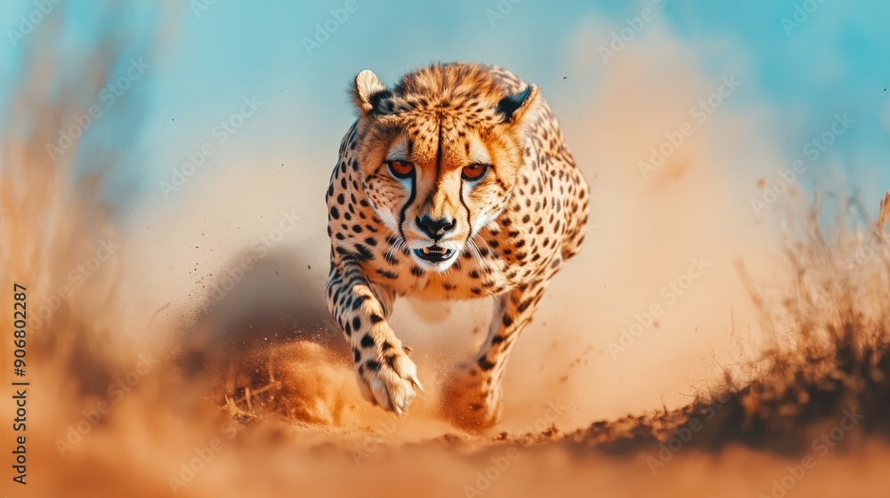 Poster a cheetah is running through the desert, kicking up sand as it goes. the scene is dynamic and full o