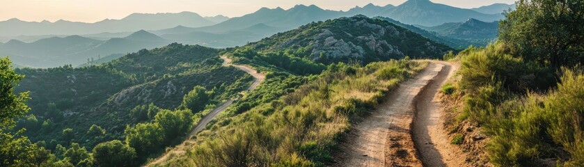Obraz premium Scenic mountain trail winding through lush greenery with stunning distant peaks under a clear sky during sunset.