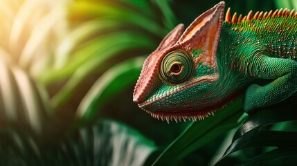 Obraz premium A green lizard is sitting on a leafy plant. The lizard is green and has a long tail
