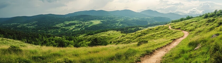 Fototapeta premium Scenic hiking trail winding through lush green hills and mountains under a cloudy, dramatic sky, perfect for outdoor adventure and nature exploration.