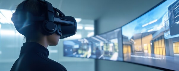 Person using VR headset to interact with virtual reality environment, exploring digital architecture and futuristic visuals.
