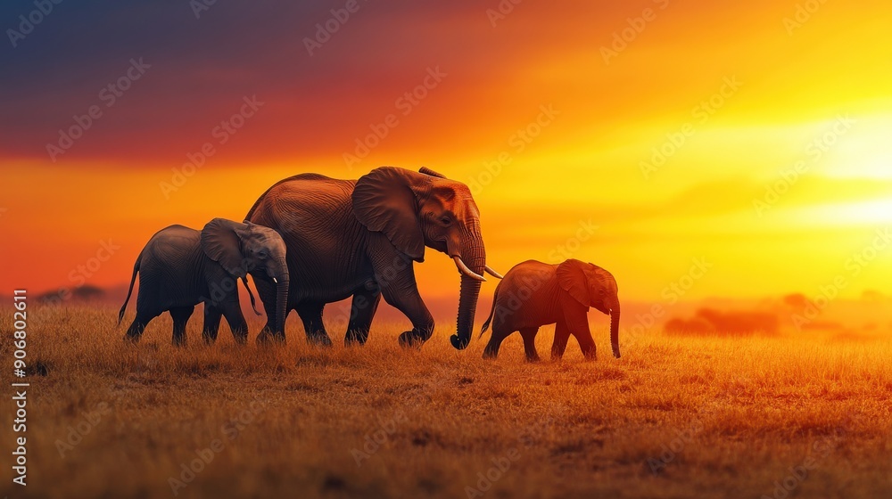 Poster three elephants walking in a field with a sunset in the background. the elephants are of different s